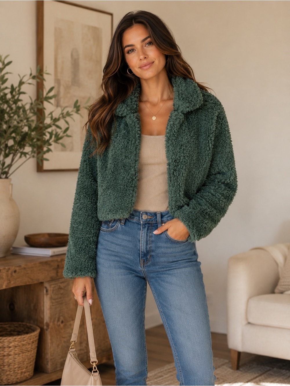 Blank NYC Forest Green Cropped Teddy Jacket